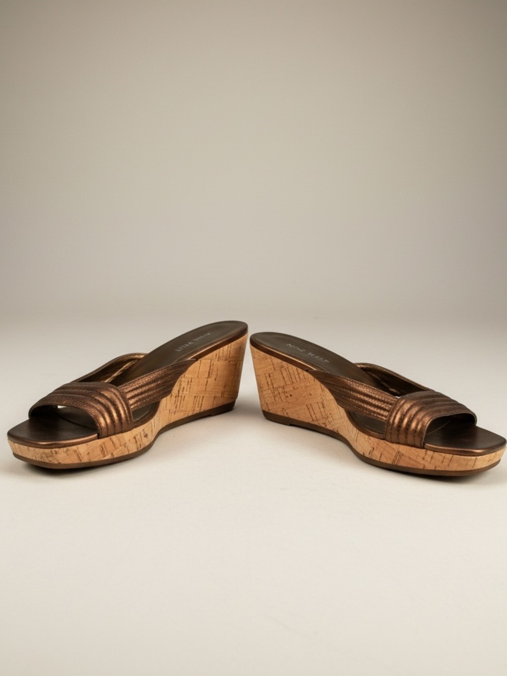 NINE WEST Cork Platform Sandals Wedges Bronze Slides Mules Quilted Leather Shoes